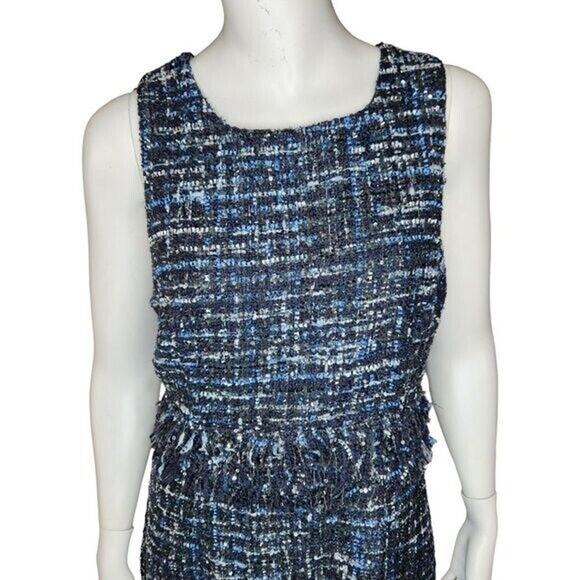 Julie Brown NYC Sleeveless Dress Lori Blue Oxford Tweed Fringe Metallic Size 8 - Picture 2 of 14